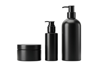 Black Matte Cosmetic Bottles and Jar Mockup Set Isolated on transparent background

