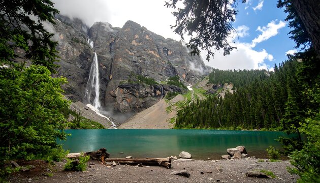 A stunning alpine lake scene showcases a powerful waterfall cascading down dramatic granite cliffs, surrounded by lush green forests.