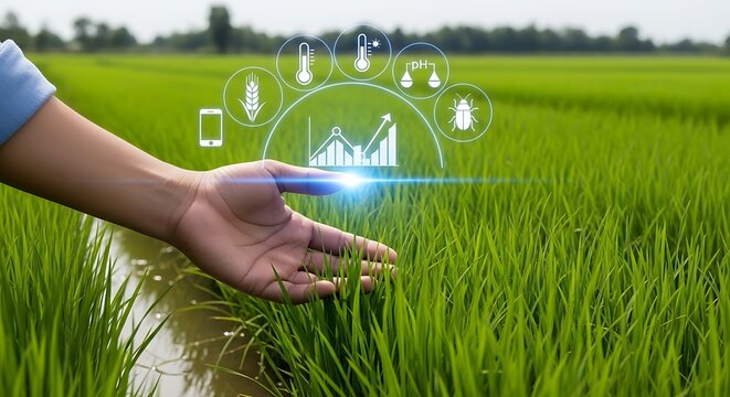 Hand touching green grass with digital agriculture icons in the air - Powered by Adobe
