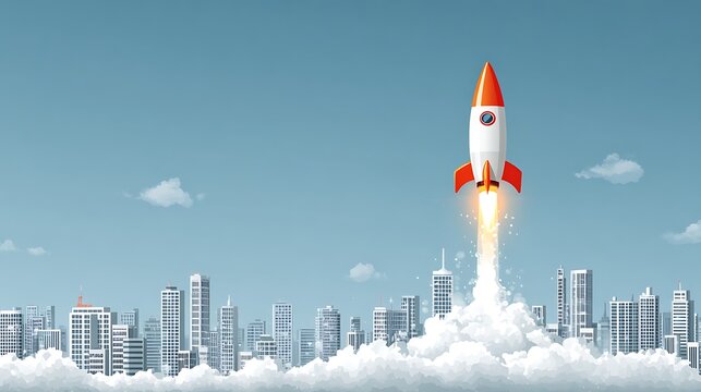 Marketing campaign depicted as a rocket launch from a city rooftop 