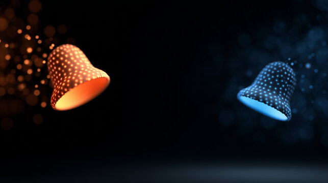 Colorful abstract bells illuminated with vibrant orange and blue particles, creating a dynamic visual contrast in a dark background