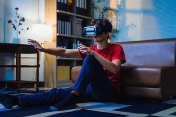 Teenager experiencing virtual reality using headset, interacting with digital environment in home setting