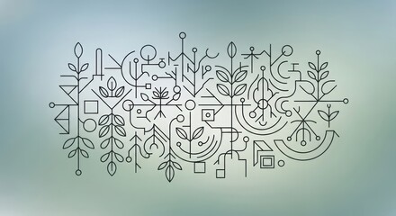 Intricate geometric and organic line art design with abstract symbols on a soft blue gradient background