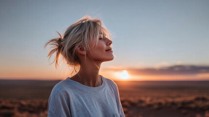 Obraz premium peaceful woman closes her eyes in meditative pose embracing tranquility during sunset