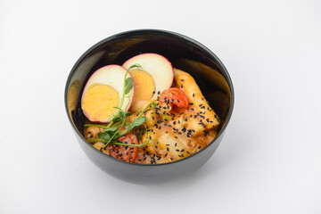 Korean dish with boiled egg in a plate macro