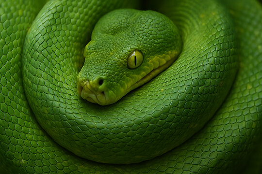 A beautiful green tree python coiled up and resting with its yellow eyes open and looking ahead