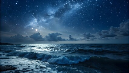 Serene Night Ocean Waves Under a Starry Sky with Moonlit Clouds