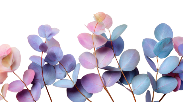 Delicate eucalyptus leaves displaying a spectrum of pastel colors against a stark black background