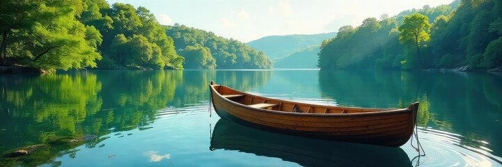 Obraz premium Serene Wooden Rowboat on Calm Lake at Sunset Tranquil Nature Scene Ideal for Relaxation, Travel, and Adventure Themes