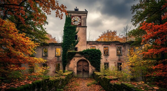 Whispers of a forgotten era crumbling building with clock tower surrounded by autumn foliage