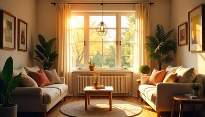 Sunlit Cozy Living Room Warm and Inviting Home Interior Perfect for Real Estate, Home Decor, and Family-Themed Projects