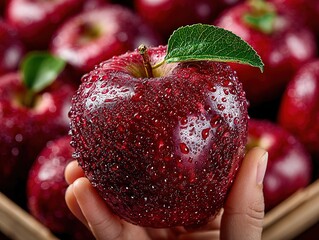 Hand holding fresh red apple, open cardboard box filled with neatly stacked apples, green leaves, natural texture, close-up shot, social media promotion content