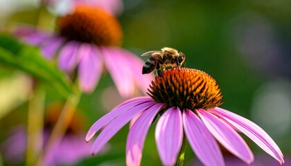 A honeybee delicately sips nectar from a vibrant purple coneflower, showcasing the close-up beauty of nature's intricate details.
