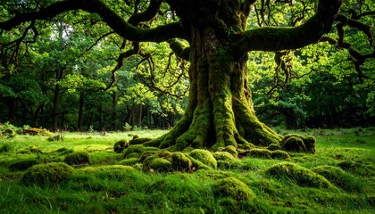 A sprawling ancient tree with moss-covered roots rests in a sunlit clearing, surrounded by lush green foliage.