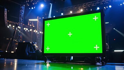 Empty stage with a big chroma key green screen display ready for a live event, presentation, or virtual production.