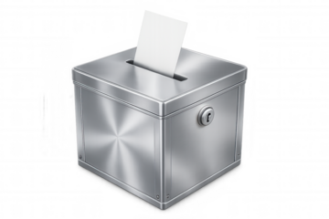 Secure metal ballot box receiving a blank ballot, on transparent background, perfect for election or voting concepts