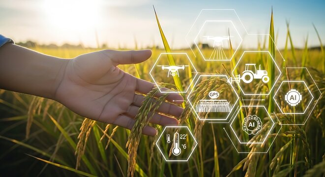 Hand touching wheat in a field with futuristic agriculture icons overlay