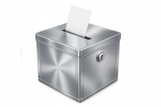 Secure metal ballot box receiving a blank ballot, on transparent background, perfect for election or voting concepts