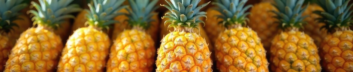 Fototapeta premium Sunlit Ripe Pineapples Ready for Harvest Vibrant Yellow Skin and Lush Green Crowns, Perfect for Summer Recipes and Tropical Drinks