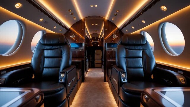 Luxury Private Jet Interior with Leather Seats Windows Sunset View Cabin