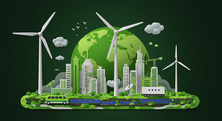 Eco-friendly city with windmills and solar panels, promoting sustainability and environmental consciousness.