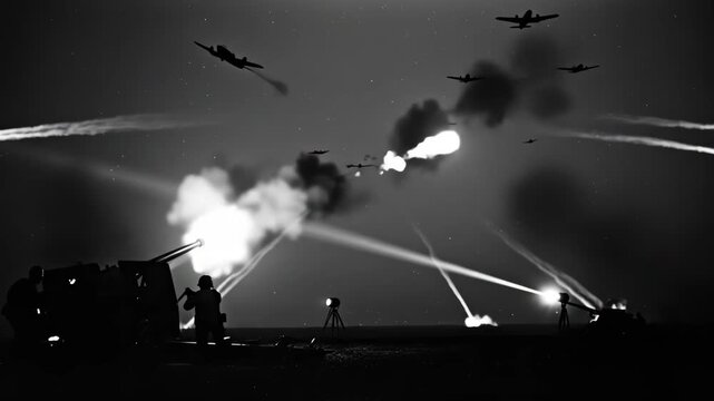 Nighttime Anti-Aircraft Defense - Silhouetted anti-aircraft guns fire tracers into the night sky at incoming enemy aircraft.