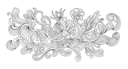 Intricate abstract line art featuring organic forms and swirling patterns in black and white