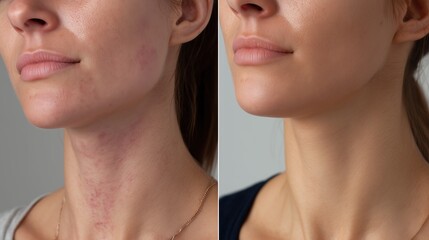 National Eczema Week. Professional dermatology split screen image, left side: adult neck area with eczema symptoms, right side: same area with treated healthy skin, clinical photography style