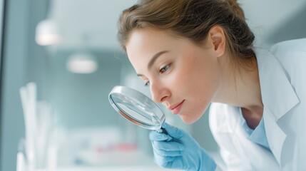 National Eczema Week. Professional dermatologist examining patient's skin with magnifying glass, modern medical office setting, soft clinical lighting, clean and sterile environment