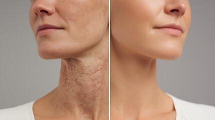National Eczema Week. Professional dermatology split screen image, left side: adult neck area with eczema symptoms, right side: same area with treated healthy skin, clinical photography style