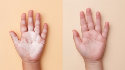 National Eczema Week. Professional medical split screen photo, left side: child's hands showing eczema symptoms, right side: same hands with healthy skin after proper care