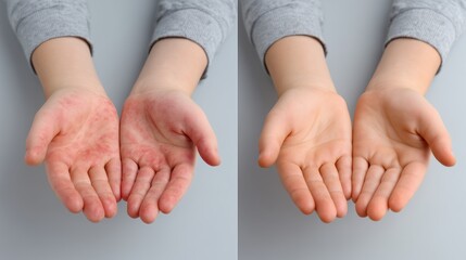 National Eczema Week. Professional medical split screen photo, left side: child's hands showing eczema symptoms, right side: same hands with healthy skin after proper care