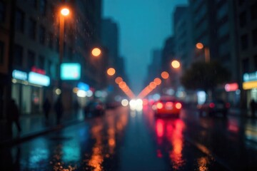 Dramatic Cityscape in Heavy Rain Blurred Lights, Dark Moody Atmosphere, Perfect for Film, Animation & Design Backgrounds