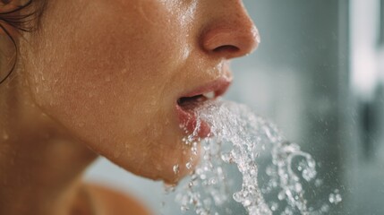 Side view medium shot of a person rinsing mouth with water after brushing focused mouth area contrasted with blurry bathroom interior.
