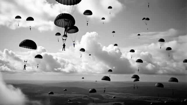 WWII Paratrooper Deployment - A black and white video depicting numerous parachutes descending from a cloudy sky during a World War II-era airborne operation.