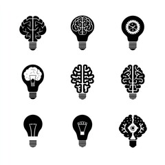 Ideas sparking within lightbulbs shaped like brains symbolizing innovation and creativity in black