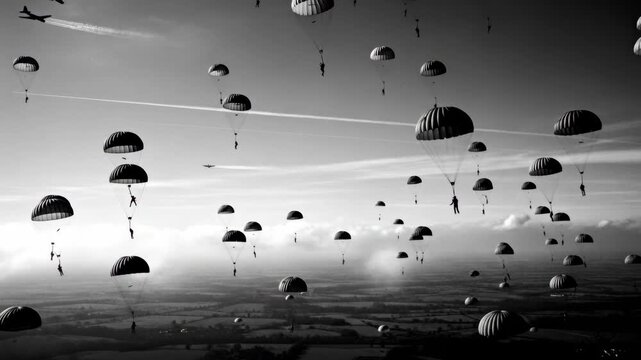 WWII Paratrooper Drop - A black and white video depicting numerous paratroopers descending under their parachutes from airplanes in the sky above a vast, rural landscape.