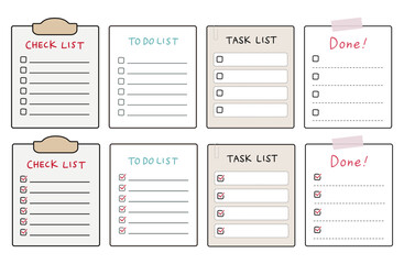 チェックリスト、to doリスト、タスクリスト、doneリストのアイコン。チェックマーク、クリップボードのイラスト。