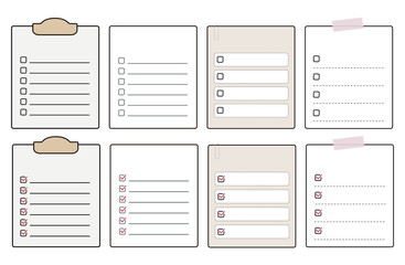 チェックリスト、to doリスト、タスクリスト、doneリストのアイコン。チェックマーク、クリップボードのイラスト。