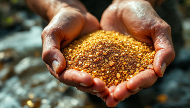 Gold particles visible in the soil on a man’s hand at a riverside mining site.