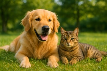 Peaceful Companions: Golden Retriever & Tabby Cat Relaxing Outdoors