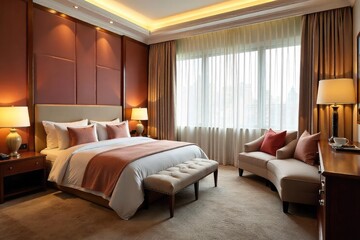 Luxurious hotel room featuring oversized, plush cushions scattered on a comfy bed and seating area, creating a supremely cozy and inviting atmosphere , fluffy, welcoming, rest