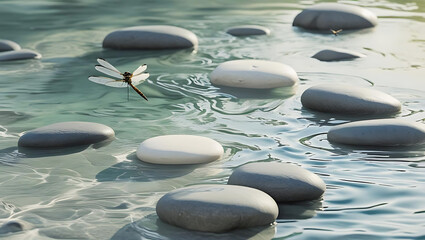 Dragonflies flying over a sunlit, rocky stream in a peaceful, natural setting.