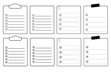 チェックリスト、to doリスト、タスクリスト、doneリストのアイコン。チェックマーク、クリップボードのイラスト。