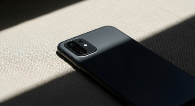 Dark gray smartphone with dual camera array resting on textured beige surface with diagonal light and shadow