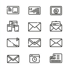Envision communication through symbols representing email and data in simple black outline on white