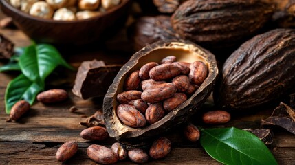 Fresh cocoa beans in open pod and bowl on wooden table with green leaves. Fair Trade Month