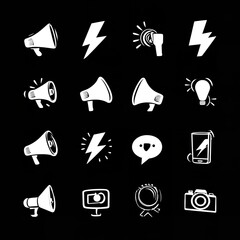 Empowering Voices A dynamic collection of icons symbolizing communication and technology on a stark