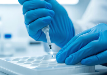 Fototapeta premium Scientist's hands with micropipette in a research lab