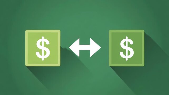 Flat Design Illustration of Currency Exchange with Dollar Bills on a Green Background